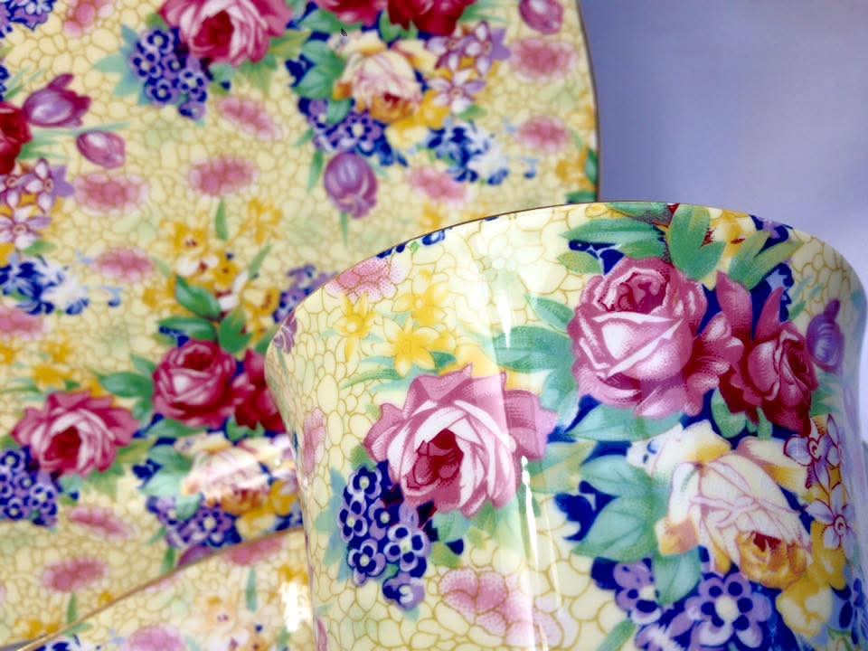 Grimwades Royal Winton 'Welbeck' Chintz Trios — Yellow Ground, 1995 Revival Issue — Pair