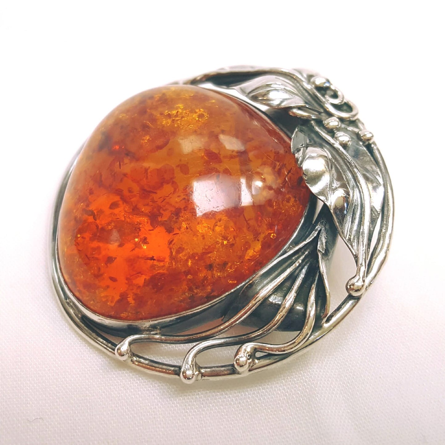 Antique Art Nouveau Sterling Silver Brooch | Large Natural Baltic Amber Cabochon | 45mm | 15g | Excellent Condition