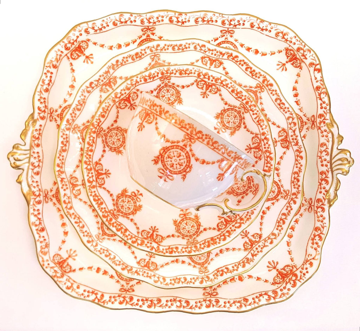 Royal Crown Derby | Neoclassical Swag & Medallion | Large Cake Plate & Two Trios | Circa 1895