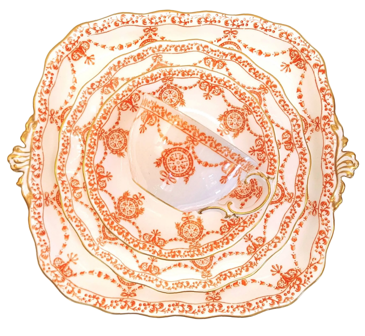 Royal Crown Derby | Neoclassical Swag & Medallion | Large Cake Plate & Two Trios | Circa 1895
