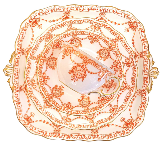 Royal Crown Derby | Neoclassical Swag & Medallion | Large Cake Plate & Two Trios | Circa 1895