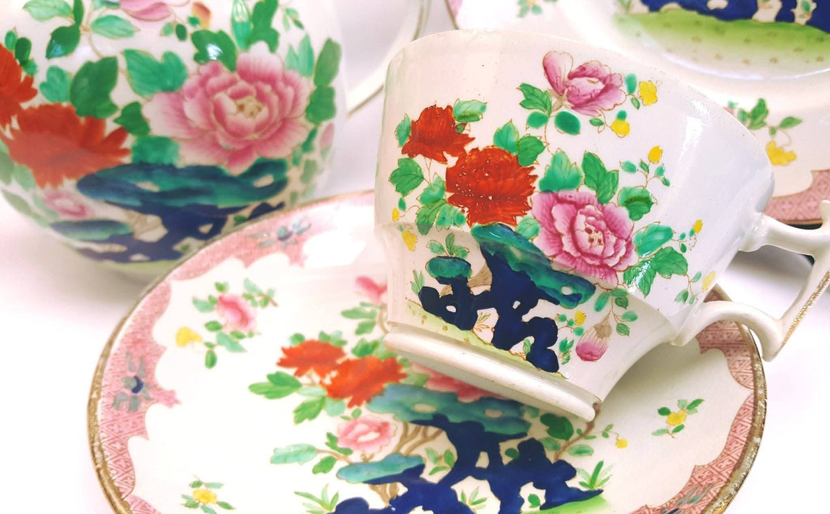 Booths | Mandarin | Six-Cup Teapot & Two Trios | Transferware Chinoiserie with Hand-Applied Colour | Circa 1906