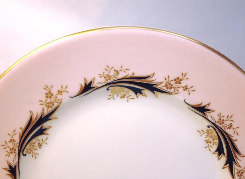 Royal Albert 'High Society' Bone China Trios — Pink Ground with Cobalt & Gilt Foliate Scrollwork, England, c.1950s–1960s — Pair