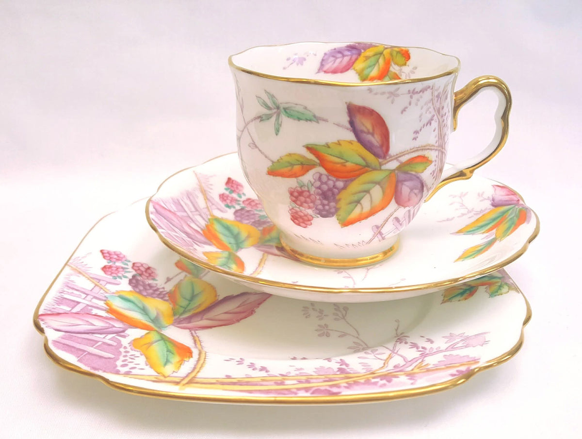 Royal Albert | 'Bramble' | Crown China Trio (Teacup, Saucer & Square Side Plate) | Autumnal Bramble & Berry Design | Registration No. 749633 | Pattern No. 8564 | Made in England | circa 1930–1932 | Mint Unused Condition