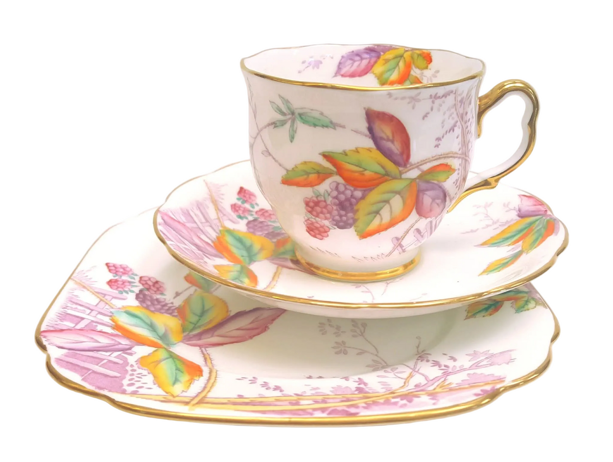 Royal Albert | 'Bramble' | Crown China Trio (Teacup, Saucer & Square Side Plate) | Autumnal Bramble & Berry Design | Registration No. 749633 | Pattern No. 8564 | Made in England | circa 1930–1932 | Mint Unused Condition