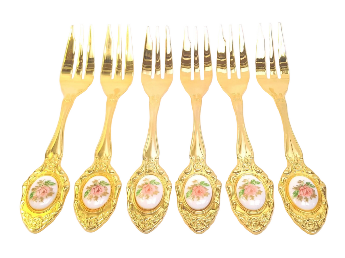 Eetrite | 24-Carat Gold-Plated Cake Forks with Porcelain Rose Cameo Insets | Set of 6 | South Africa