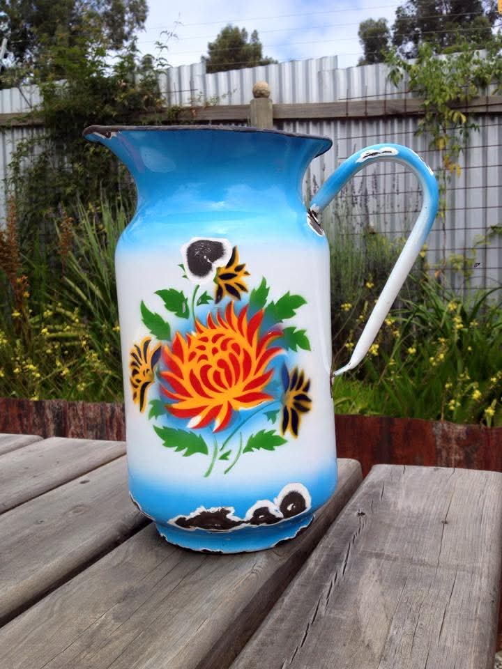 Enamelware Washbowl and Jug | Stencilled Floral Decoration | Enamelled Steel | Mid-to-Late Twentieth Century
