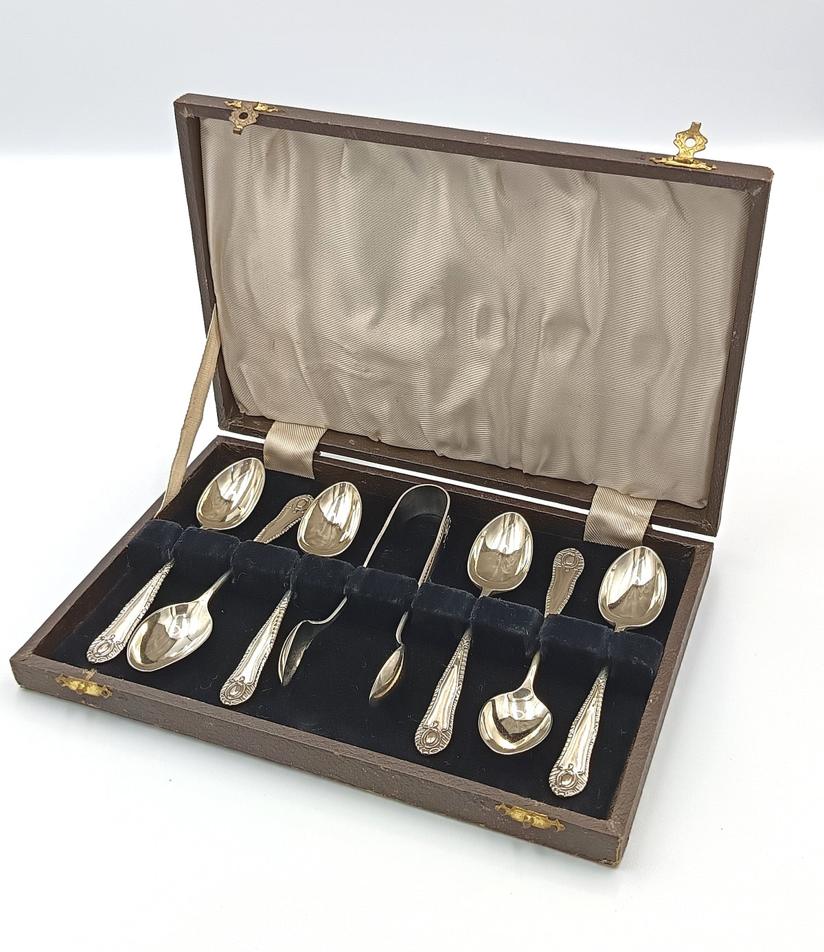 EPNS | Teaspoon Set with Sugar Tongs | Seven Pieces | Original Presentation Case | Made in England | Mid-20th Century