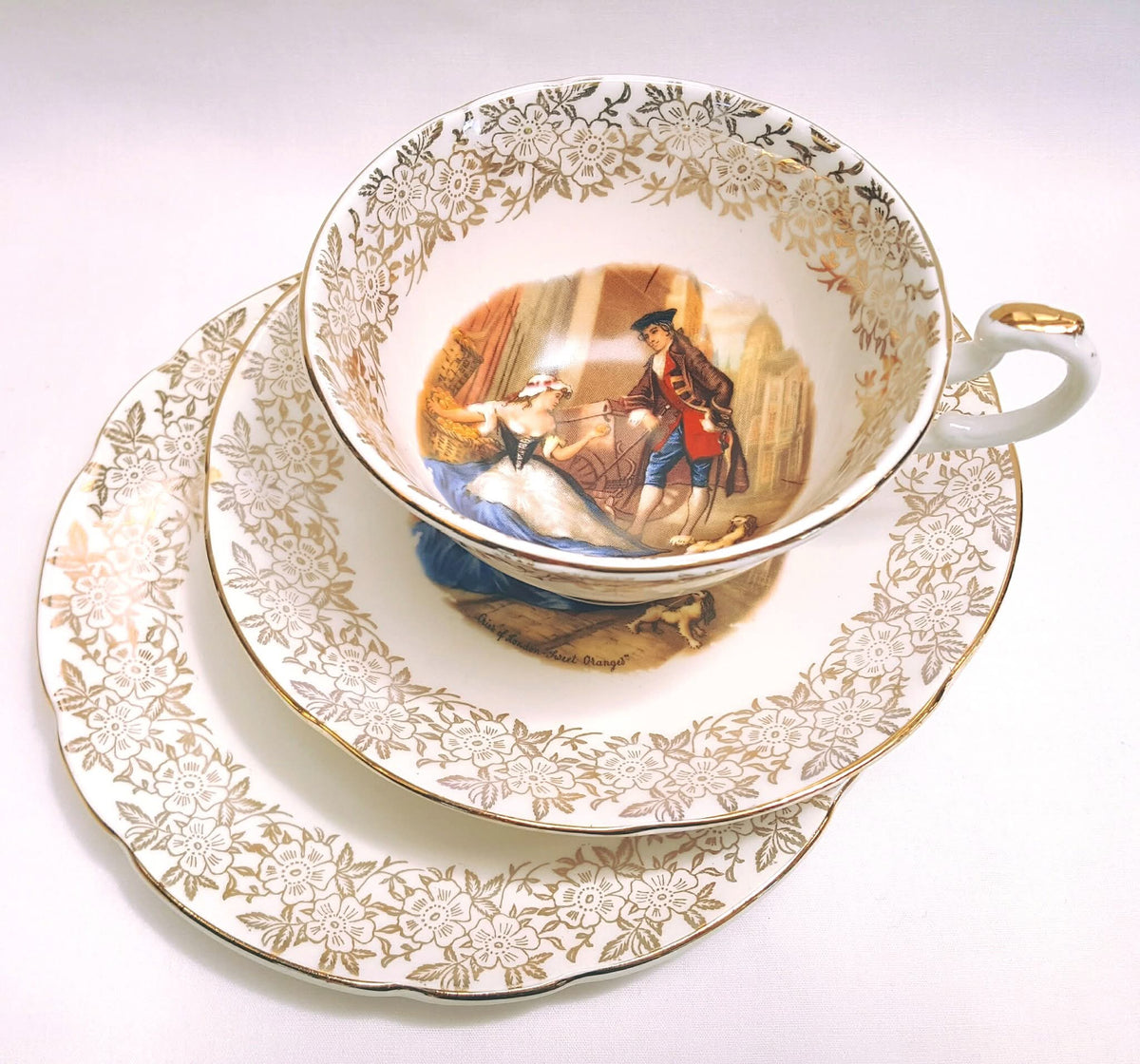 Springfield Bone China | 'Cries of London' Series | Bone China Trios (Teacup, Saucer & Side Plate) | Gold Floral Border | Made in England | Excellent Condition