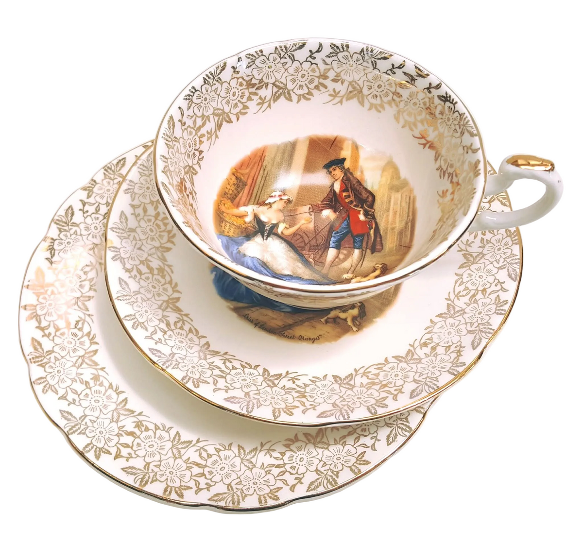 Springfield Bone China | 'Cries of London' Series | Bone China Trios (Teacup, Saucer & Side Plate) | Gold Floral Border | Made in England | Excellent Condition