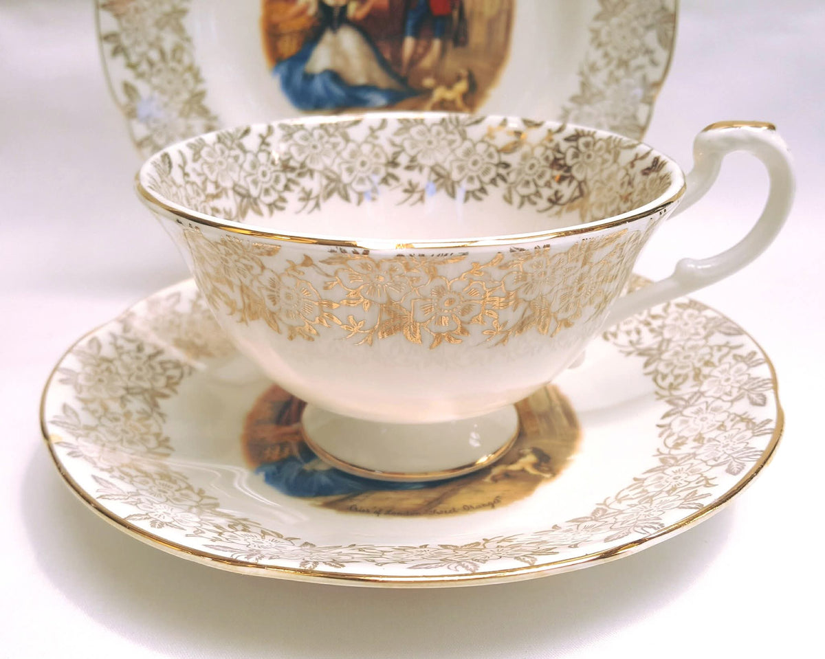 Springfield Bone China | 'Cries of London' Series | Bone China Trios (Teacup, Saucer & Side Plate) | Gold Floral Border | Made in England | Excellent Condition