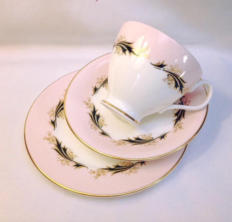Royal Albert 'High Society' Bone China Trios — Pink Ground with Cobalt & Gilt Foliate Scrollwork, England, c.1950s–1960s — Pair