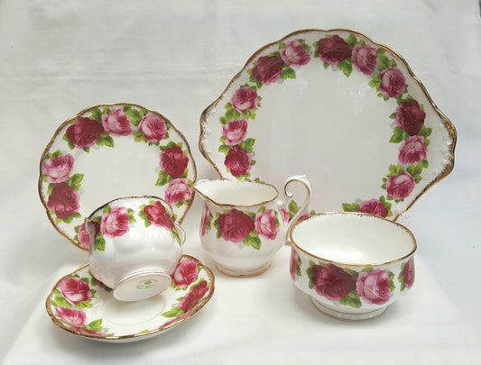 Royal Albert Old English Rose Bone China Part Tea Set — 6 Trios, Milk Jug, Sugar Basin & Cake Plate, England, Excellent Condition