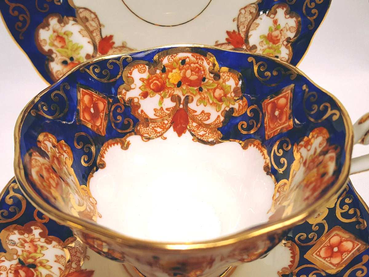 Royal Albert | 'Heirloom' Pattern No. 4534 | Bone China Trio (Teacup, Saucer & Side Plate) | Cobalt Blue, Burnt Orange & 22ct Gold | Made in England | Mint Unused Condition