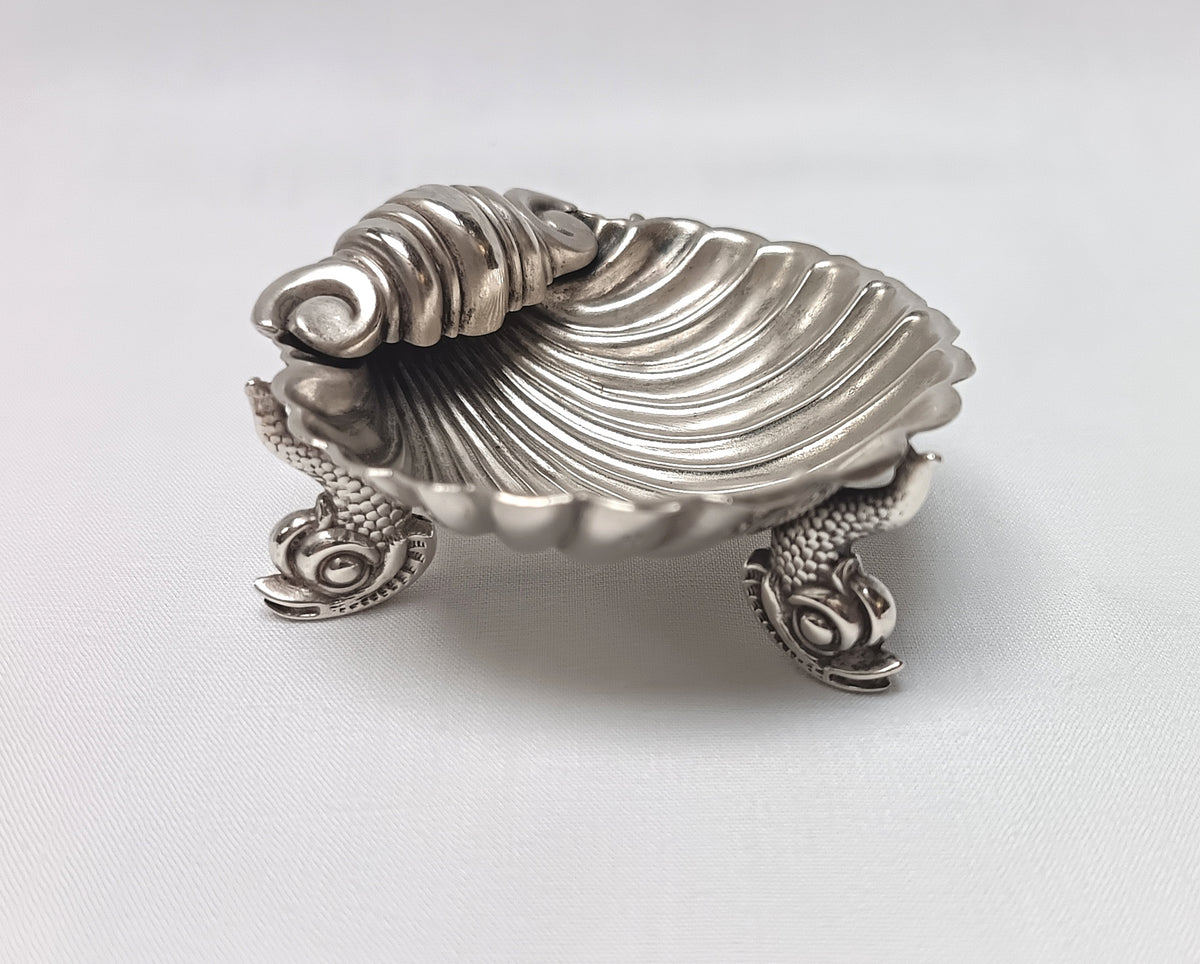 Antique Sterling Silver | Shell-Form Salt Cellar on Dolphin Supports | Regency–Early Victorian Style | 19th Century
