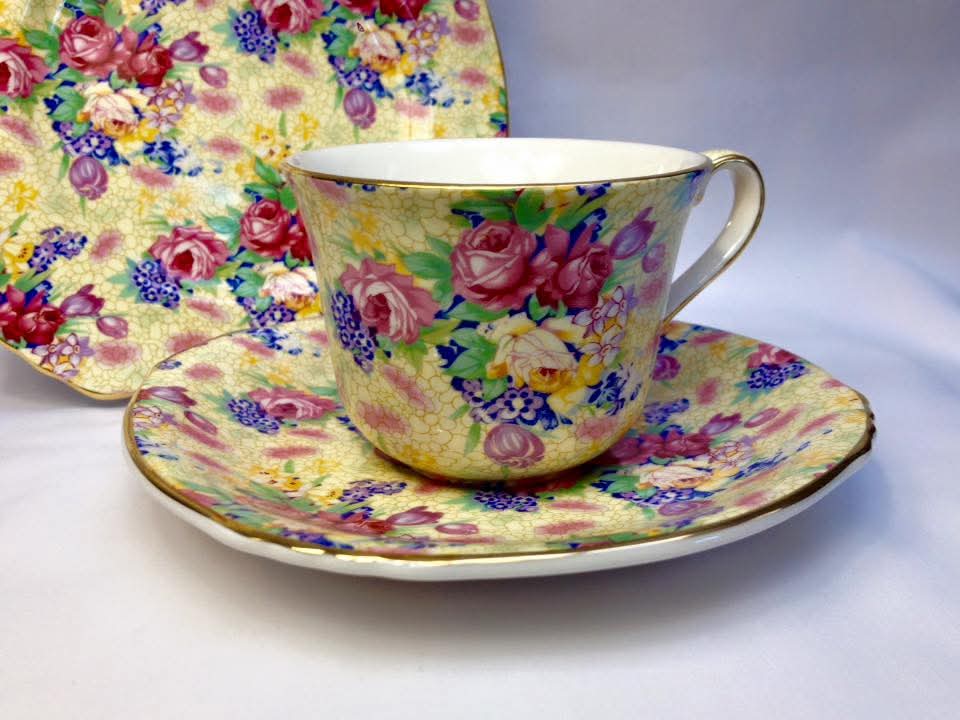 Grimwades Royal Winton 'Welbeck' Chintz Trios — Yellow Ground, 1995 Revival Issue — Pair