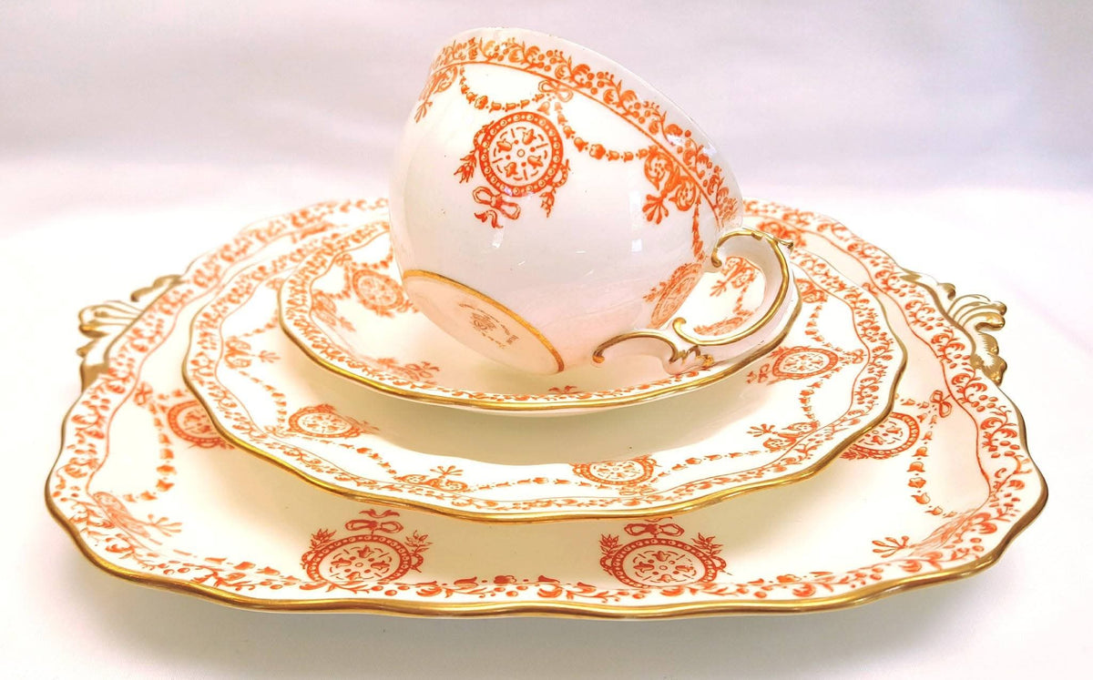Royal Crown Derby | Neoclassical Swag & Medallion | Large Cake Plate & Two Trios | Circa 1895