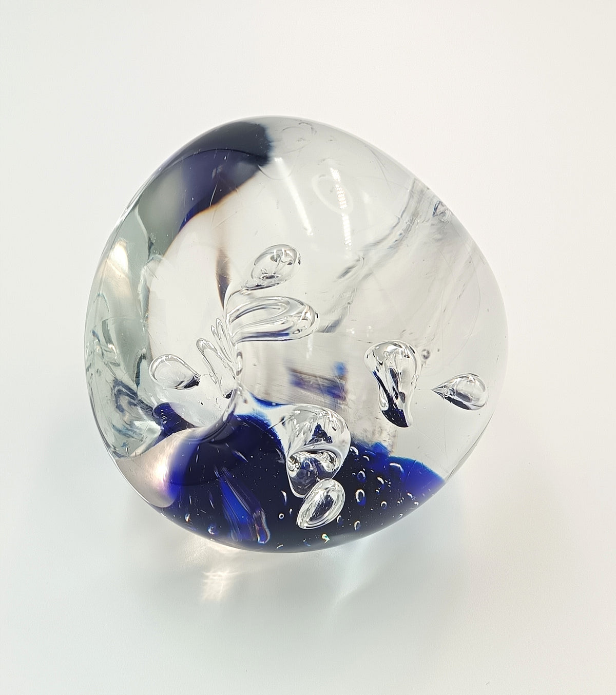 Hand-Blown Studio Glass Paperweight | Cobalt Blue & Clear | Internal Bubble & Loop Decoration | Unattributed | 20th Century