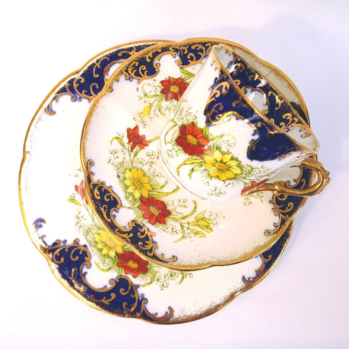 Royal Albert Crown China | 'Gem' Shape | Hand-Painted Cobalt, Gold Scrollwork & Floral Trio | Circa 1905–1907 | Mint Unused Condition