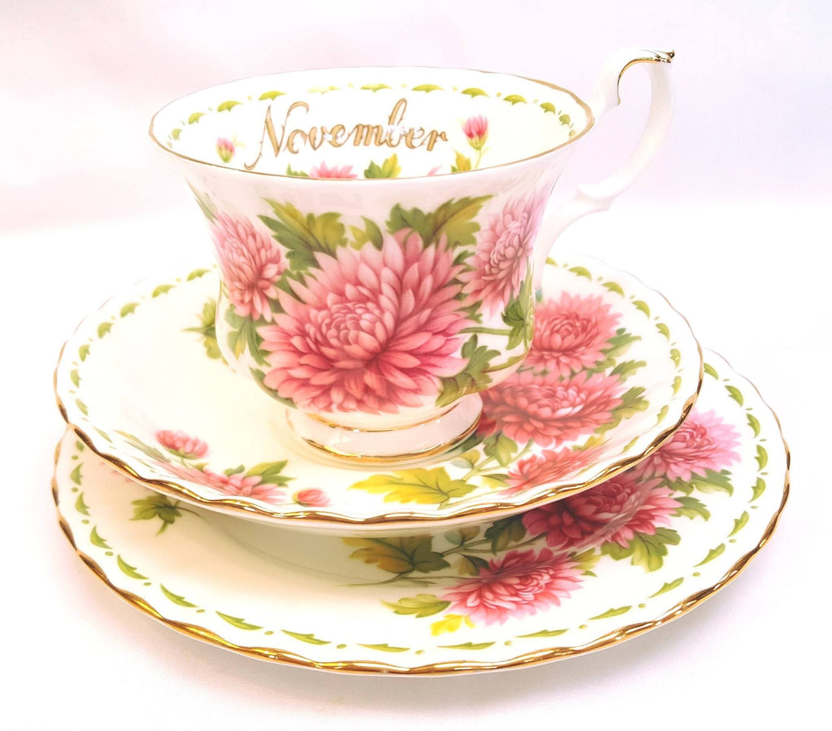 Royal Albert | Flower of the Month Series | November — Chrysanthemum | Full Trio & Miniature Duo | Bone China | England | Mint Unused Condition