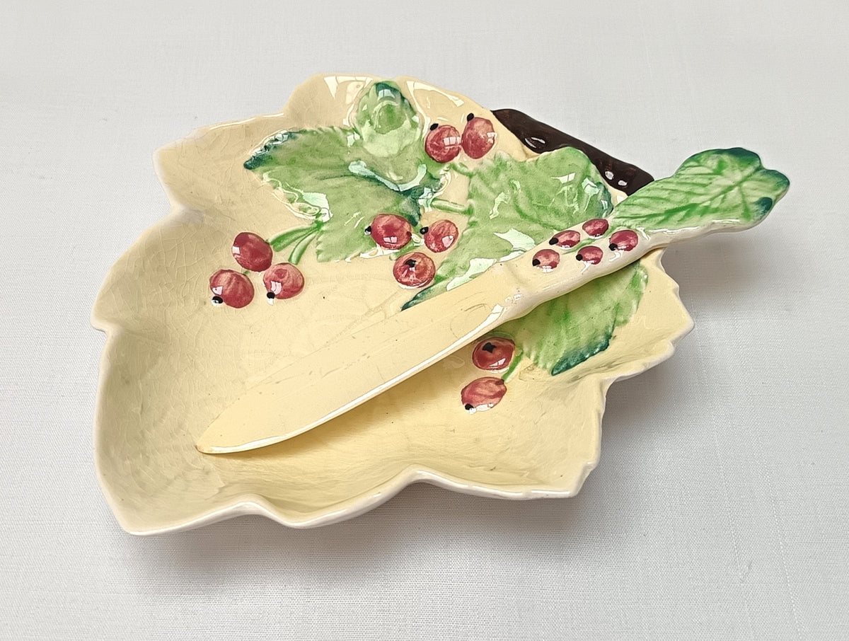 Carlton Ware | Redcurrant | Leaf-Shaped Butter Dish with Knife | Australian Design Range | c.1930s–1950s