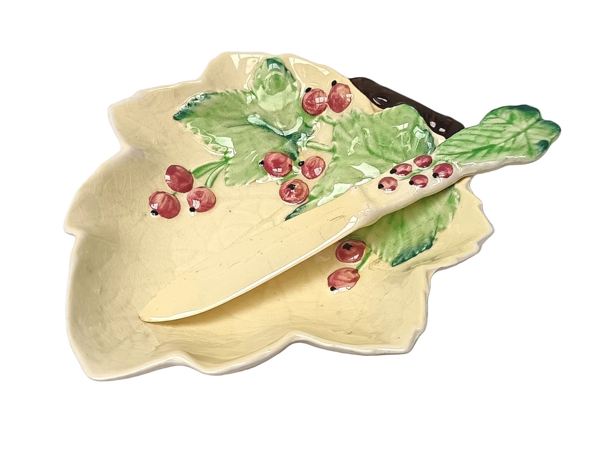 Carlton Ware | Redcurrant | Leaf-Shaped Butter Dish with Knife | Australian Design Range | c.1930s–1950s