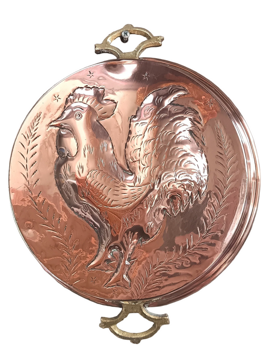 Vintage Hand-Hammered Copper Rooster Mould with Brass Handles