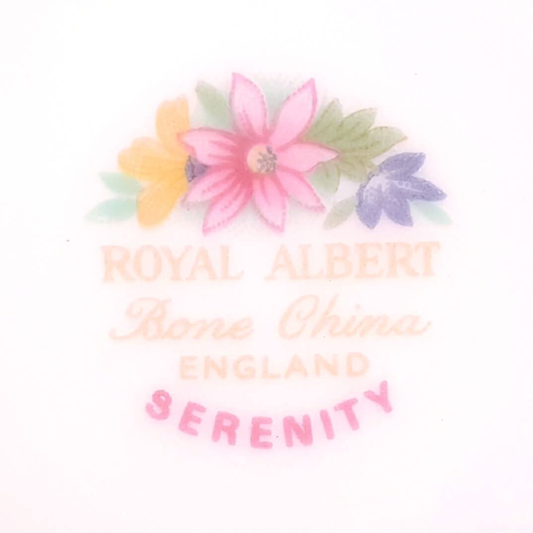 Royal Albert 'Serenity' | Set of Four Bone China Side Plates | 21cm | Pink Dot & Gold Scrollwork Border | Central Pastel Floral Spray | Made in England | Near Mint Condition