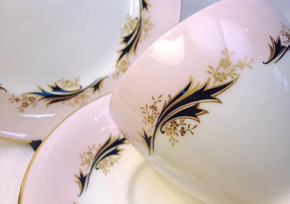 Royal Albert 'High Society' Bone China Trios — Pink Ground with Cobalt & Gilt Foliate Scrollwork, England, c.1950s–1960s — Pair