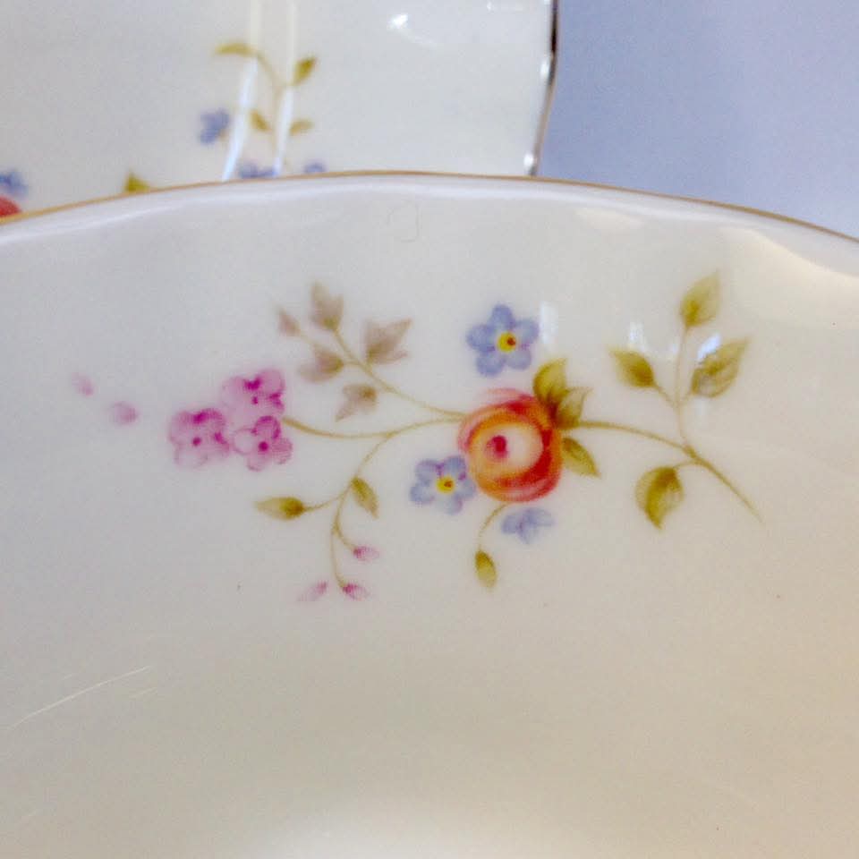 Royal Albert 'Peach Rose' Bone China Trios — Peach Roses & Forget-Me-Nots on Cream, England, © 1982 — Pair