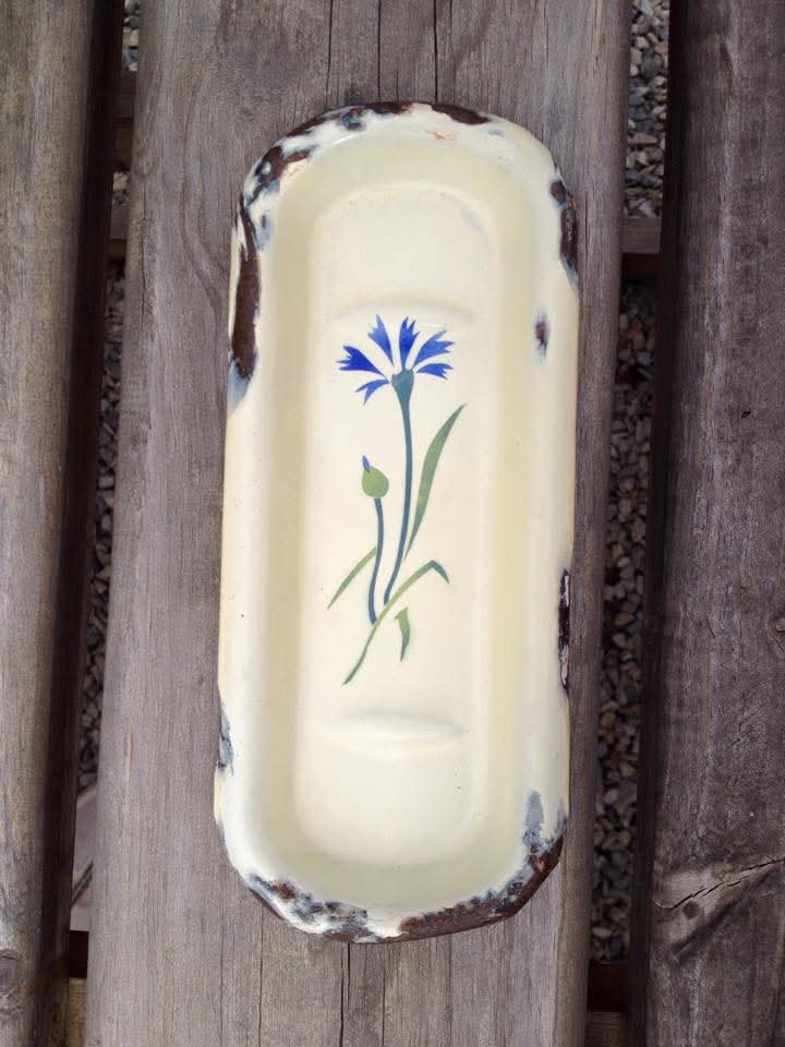 Enamelware Washbowl, Jug, Chamber Pot and Soap Tray | Four-Piece Set | Stencilled Cornflower Decoration | Enamelled Steel | Mid-Twentieth Century