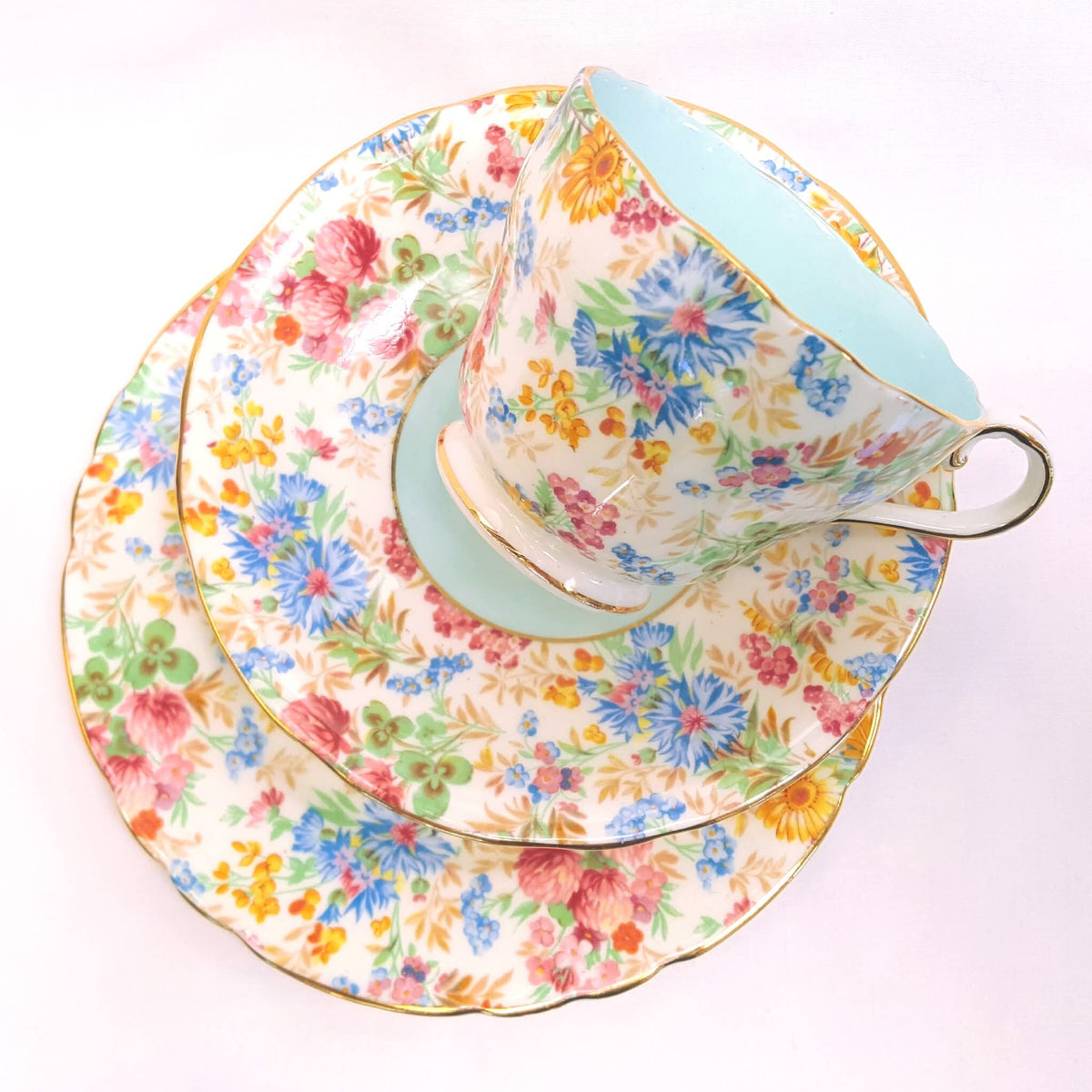 Aynsley | 'Summer Chintz' Pattern C802 | Part Tea Service — Three Trios, Milk Jug & Sugar Bowl | Bone China | Circa 1940s | Excellent Condition