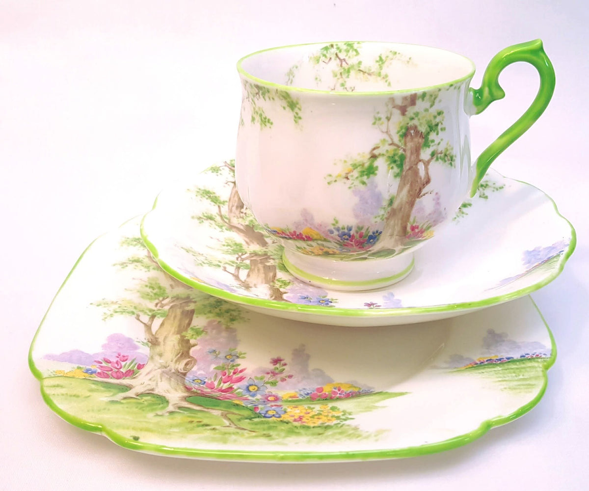 Royal Albert | 'Greenwood Tree' | Six-Piece Tea Setting for Four | Scalloped Green-Trimmed Bone China | Circa 1940s | Near-Unused Condition