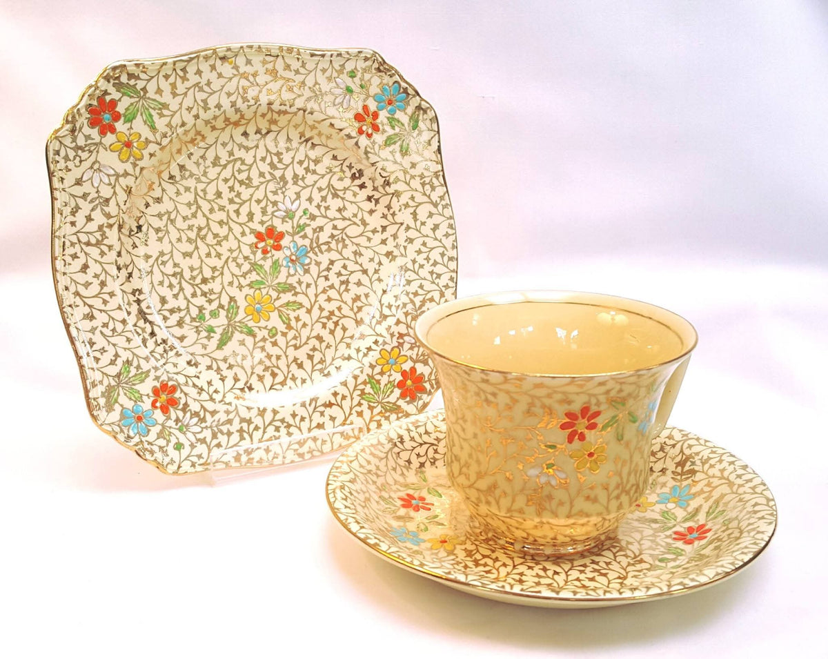 Grimwades Royal Winton | Gold Lace Ground with Polychrome Enamel Flowers | One Trio | Circa 1930–1934