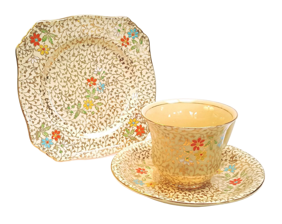 Grimwades Royal Winton | Gold Lace Ground with Polychrome Enamel Flowers | One Trio | Circa 1930–1934