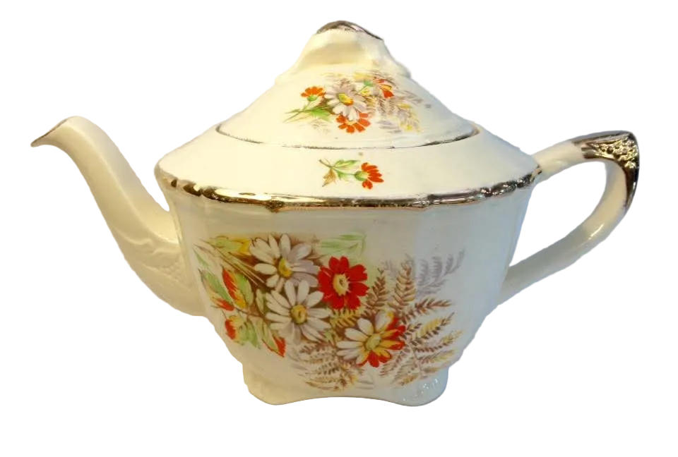 Alfred Meakin Floral Teapot — Meadow Bouquet on Ivory, Art Deco Form, England, c.1907–1930