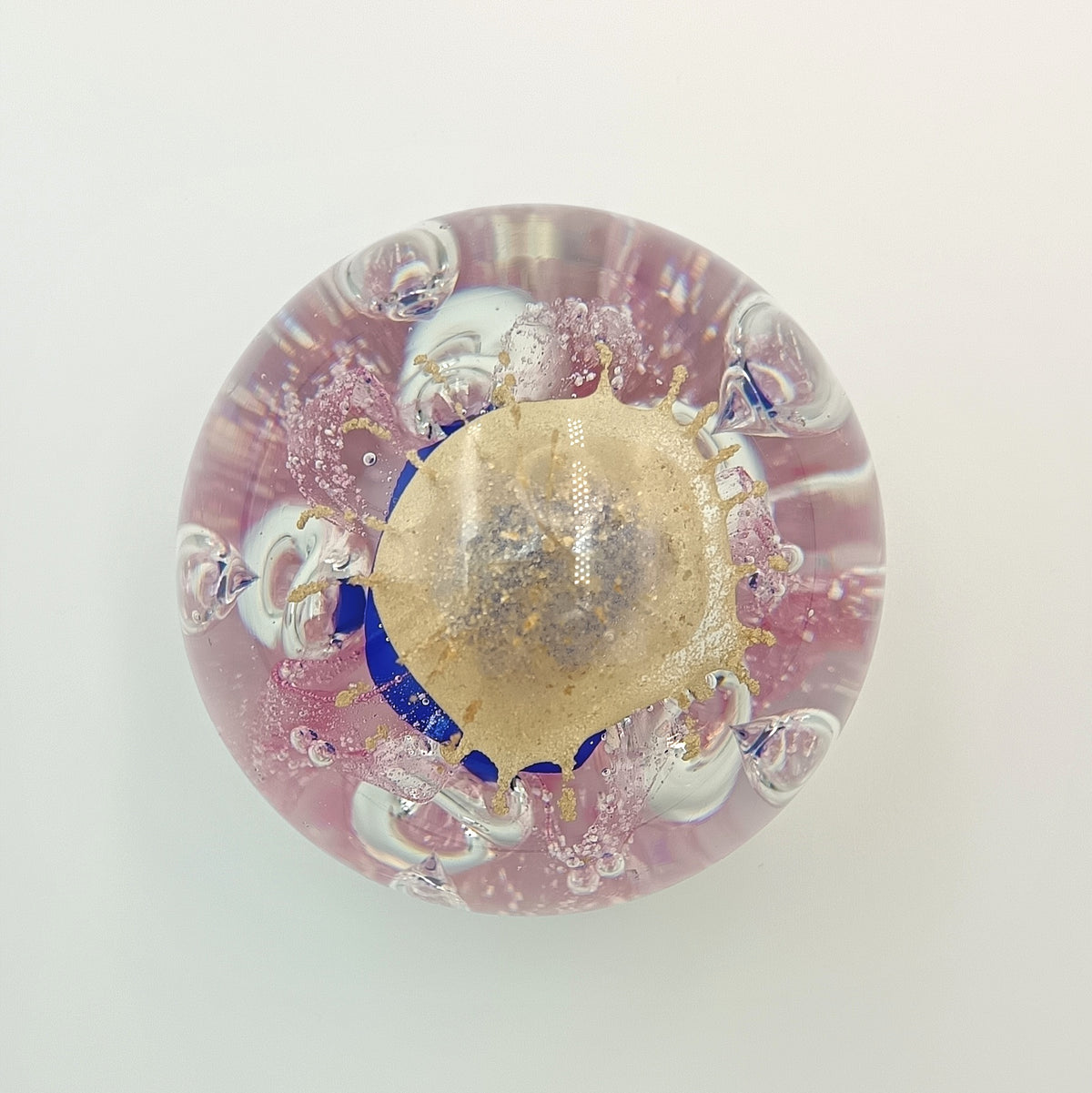 Hand-Blown Studio Glass Paperweight | Pink, Cobalt Blue & Gold Aventurine | Internal Bubble & Scroll Decoration | Unattributed | 20th Century