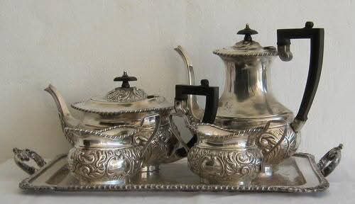 Sheffield Silver Plate | Five-Piece Tea & Coffee Service with Tray | Repousse Foliate Decoration | England | c.1890–1920