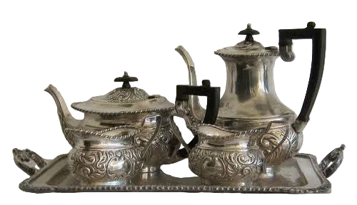 Sheffield Silver Plate | Five-Piece Tea & Coffee Service with Tray | Repousse Foliate Decoration | England | c.1890–1920