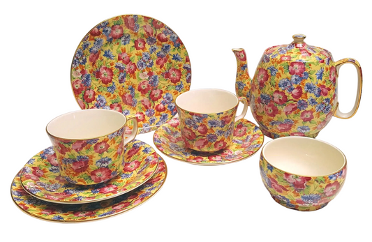 Grimwades Royal Winton | 'Royalty' Chintz | Pattern No. 3079 | 4-Cup Teapot, 2 Trios & Open Sugar Bowl | 1995 Revival | Unused Condition | Perfect Gilding Throughout