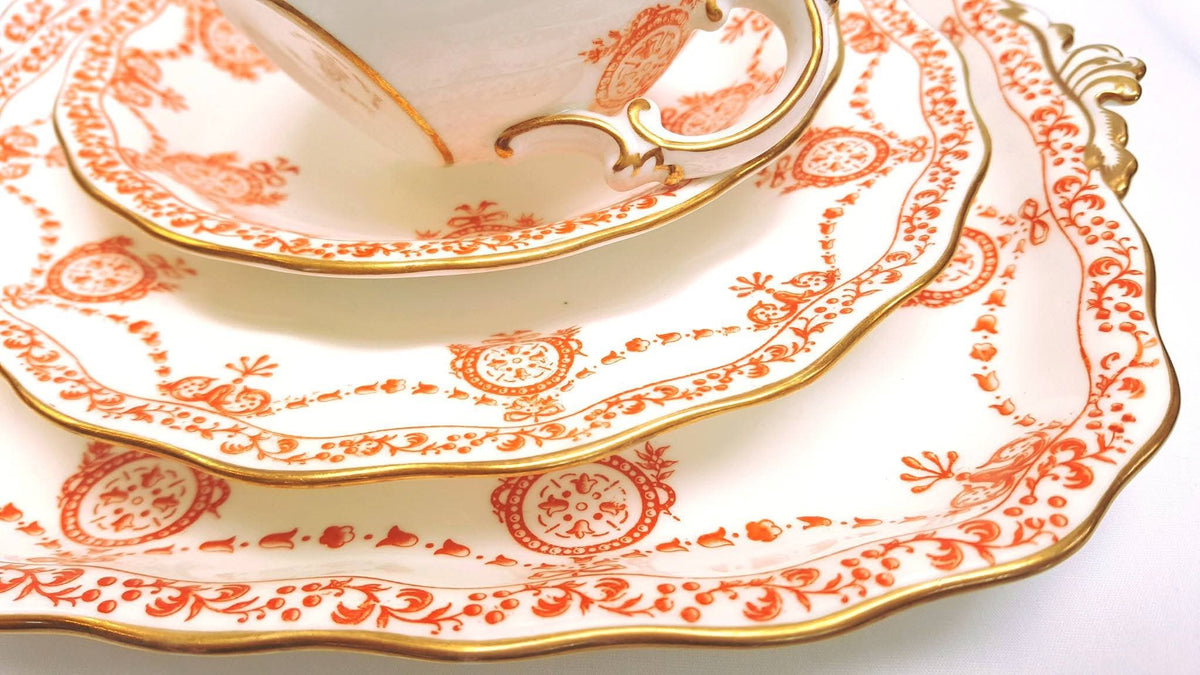 Royal Crown Derby | Neoclassical Swag & Medallion | Large Cake Plate & Two Trios | Circa 1895