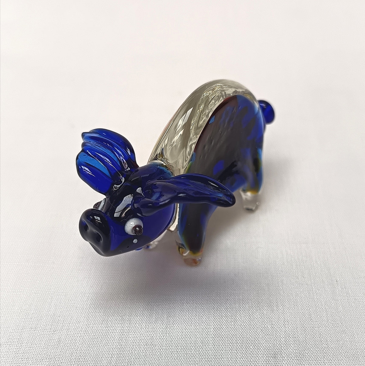 Murano-Style | Millefiori Art Glass | Pig Figurine | Cobalt Blue & Clear | Vintage