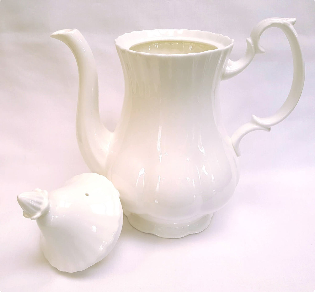 Royal Albert 'Reverie' | Large Bone China Coffee Pot | All-White Sculptural Form | Swirl-Moulded Body, Acorn Finial | Made in England | Mint Condition