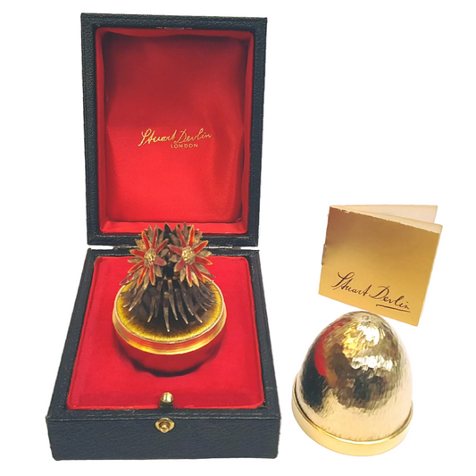 Stuart Devlin | Silver-Gilt & Enamel 'Surprise' Egg | Limited Edition No. 70/500 | Red Enamel Sunflower Bouquet Interior | London Hallmarked 1980 | Original Presentation Case & Signed Booklet | Exceptional Collector's Piece