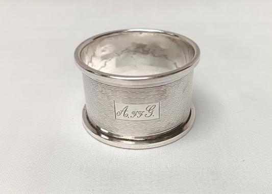 Vintage 1947 Sterling Silver Napkin Ring — Angora Silver, Birmingham, Engine-Turned, Monogrammed A.FF.G.