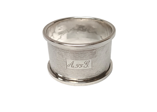 Vintage 1947 Sterling Silver Napkin Ring — Angora Silver, Birmingham, Engine-Turned, Monogrammed A.FF.G.