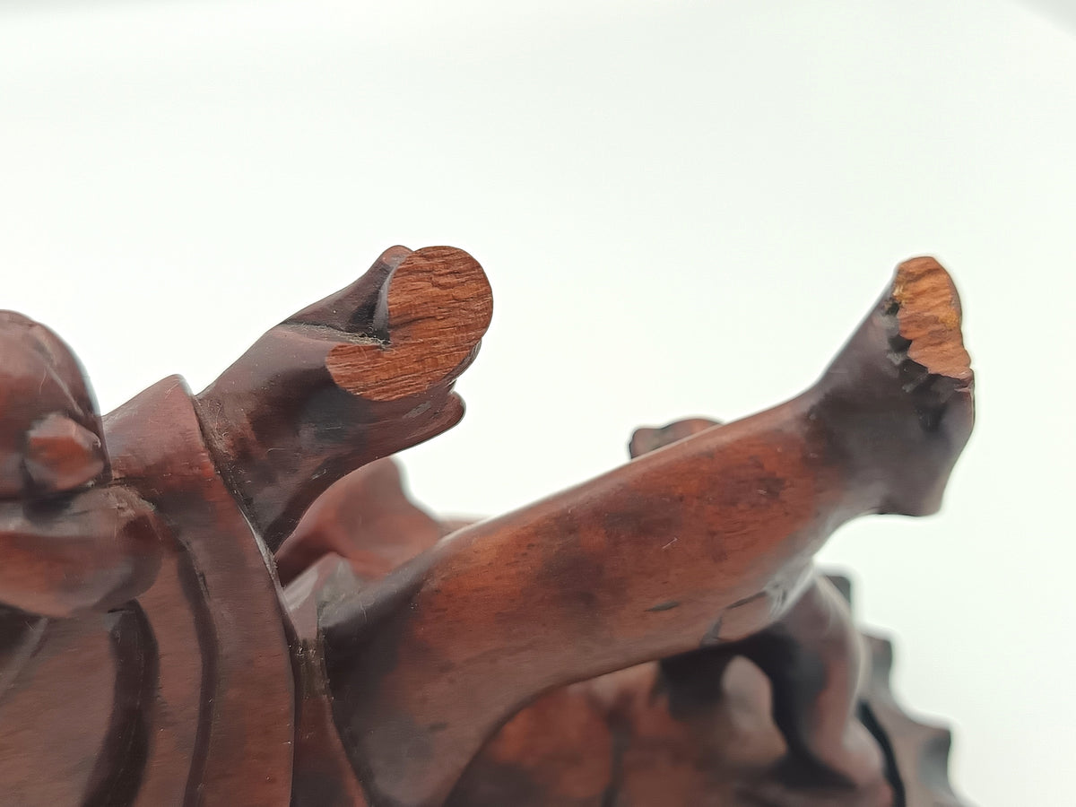 Chinese | Budai with Five Children | Hand-Carved Hardwood Figure Group | On Pierced Display Stand | 20th Century