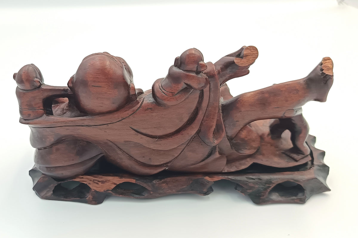 Chinese | Budai with Five Children | Hand-Carved Hardwood Figure Group | On Pierced Display Stand | 20th Century