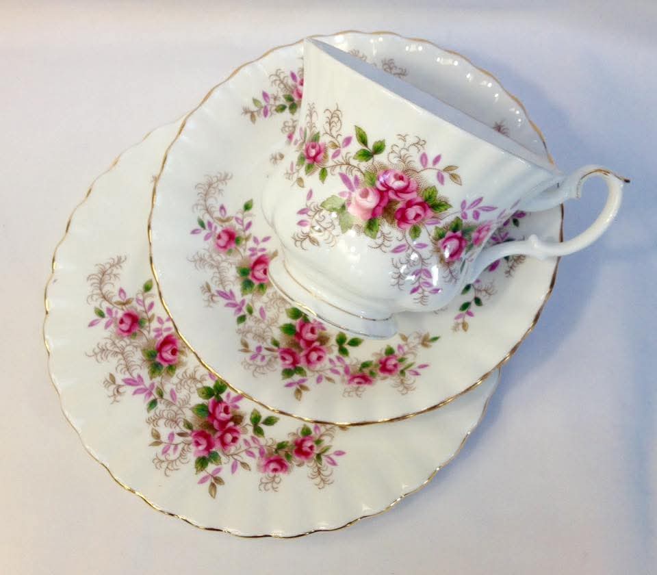 Royal Albert 'Lavender Rose' Bone China Trios — Pink Roses & Gilt Lace Scrollwork on White, England, c.1950s–1970s — Set of Three