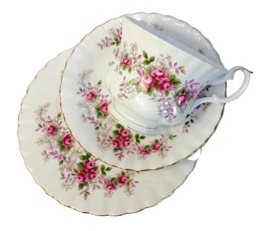 Royal Albert 'Lavender Rose' Bone China Trios — Pink Roses & Gilt Lace Scrollwork on White, England, c.1950s–1970s — Set of Three